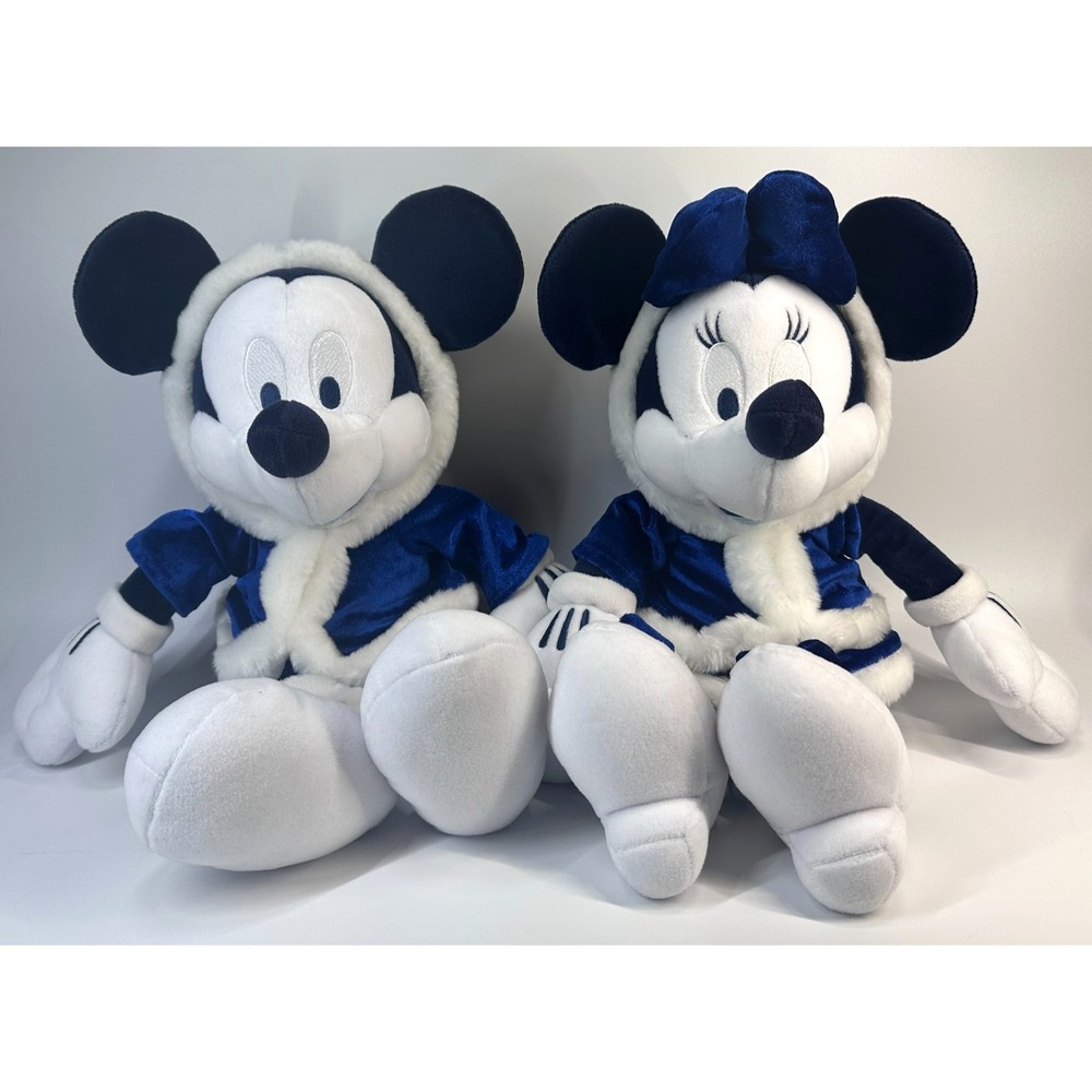 VTG Winter Holiday Blue Velvet Mickey & Minnie 15" Plush Toys Disney Store 2001
